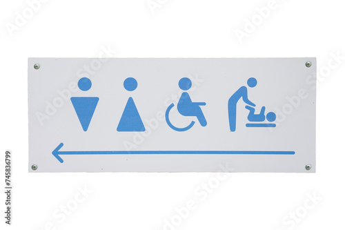 Εκτύπωση καμβά a gray sign of a public toilet with silhouettes of men, women, the disabled and people with infants, as well as an arrow showing the right direction