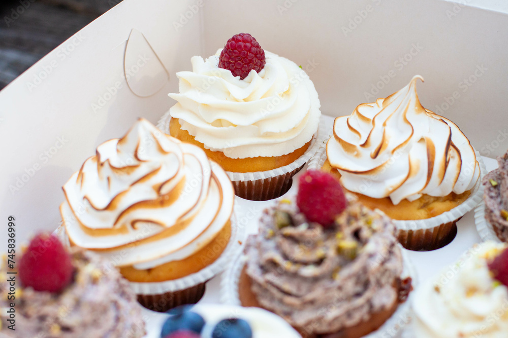 Assorted cupcakes in gift box with chocolate, vanilla and oreo cream, whipped meringue, raspberry, blueberry and bites of chocolate Assorted cupcakes in gift box with chocolate, vanilla and oreo cream, whipped meringue, raspberry, blueberry and bites of chocolate