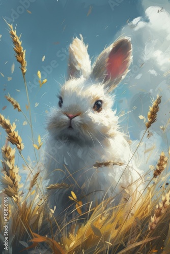 A wild hare in a field with wheat during the day