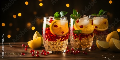 Mexican holiday drink Ponche Navideo with fruits and spices for celebrations. Concept Ponche Navideño, Mexican Drink, Holiday Beverages, Traditional Recipe, Festive Cocktails photo