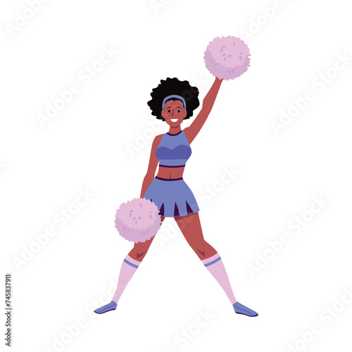African American girl cheerleader with purple pom-poms in her hands on an isolated background.