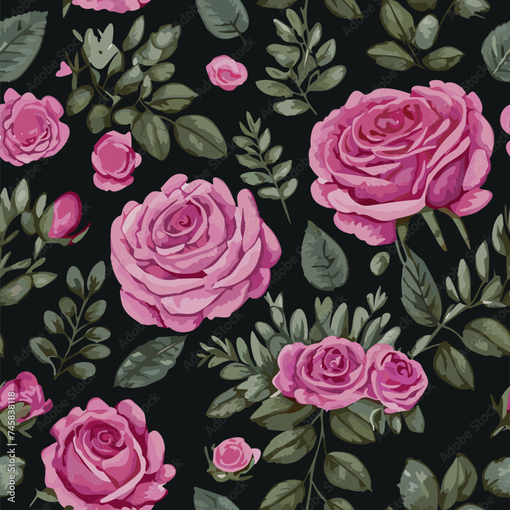 Red Roses Bouquet Seamless Pattern on Black Background, Floral Decor Ready for Print