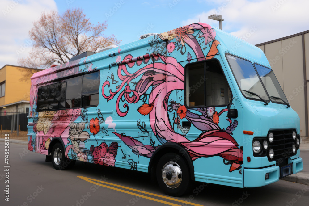 A modern multicolored food truck on the street