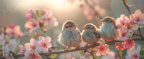 Sparrows on blooming apple tree brunch, Springtime Sakura