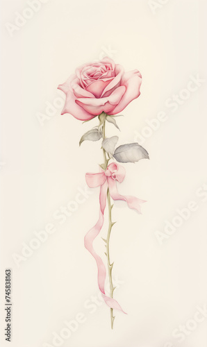 Vintage Pink Rose Illustration with Elegant Ribbon