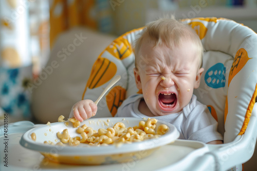 Little baby girl crying and screaming during eating, angry baby boy doesn't want to eat