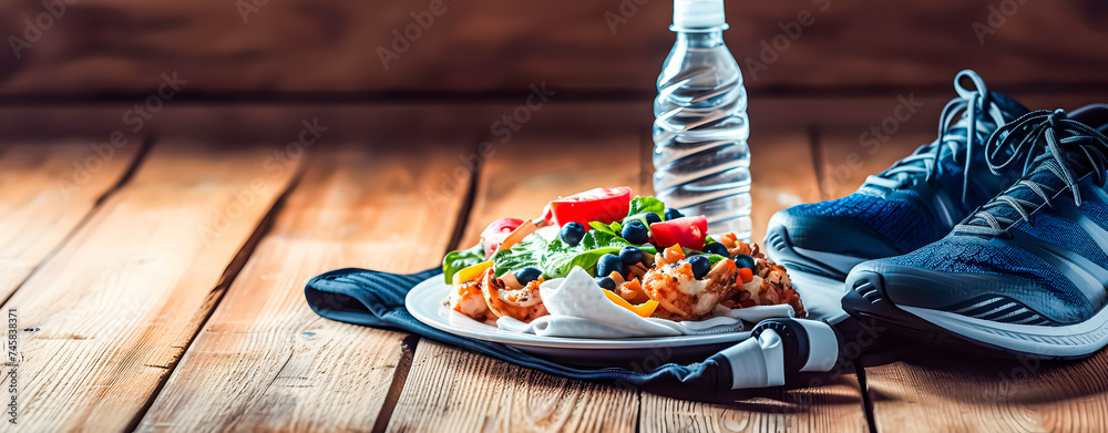 Sneakers next to healthy food and a bottle of water. Concept of exercise and health. Space for text - obrazy, fototapety, plakaty 