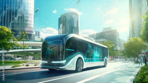 Futuristic Electric Bus  Gliding Along Urban road without releasing any type of pollution that is eco friendly technology background photo