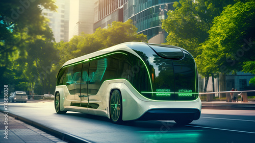 futuristic electric bus cruising down the busy city street, with its sleek design and eco-friendly technology