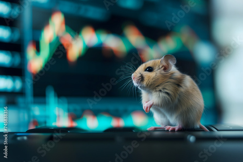 hamster in front of blurry trading charts, novice in stock exchange and asset market concept