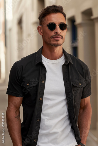 Stylish Man in Casual Black Shirt with Sunglasses Posing Outdoors