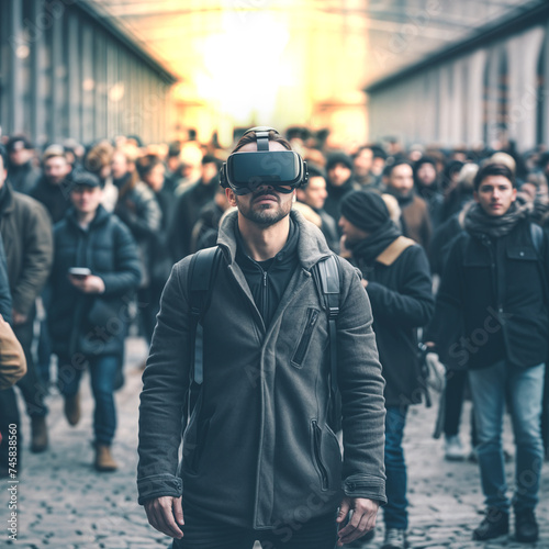 Man standing in a crowd of people wearing virtual reality headset in busy urban street