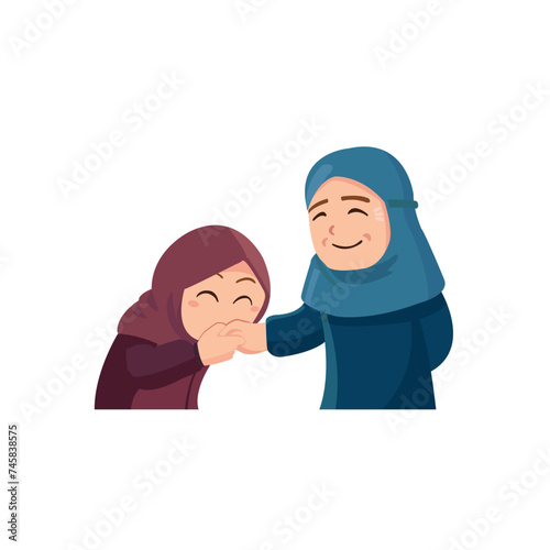 Hands shaking between little muslim girl with her grandmother