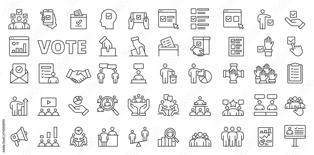 Vote icons in line design. Vote, election, democracy, poll, ballot, voting, infographic, website, line, candidate, politics, isolated on white background vector. Vote editable stroke icons.