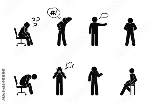 stick figure man icon, set of people, human silhouettes standing and sitting, poses and gestures