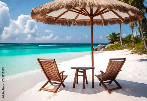 White sand  chairs and umbrella on the beach. crystal clear water. travel tourist-