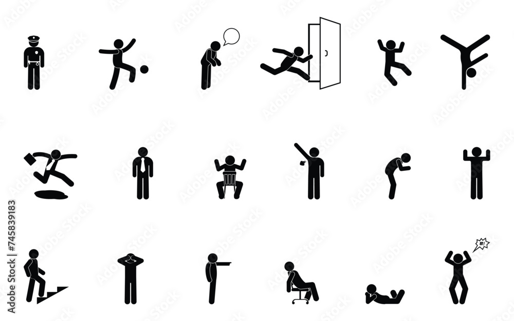 stick figure man icon, set of people, human silhouettes standing and sitting, poses and gestures stick figure man icon, set of people, human silhouettes standing and sitting, poses and gestures