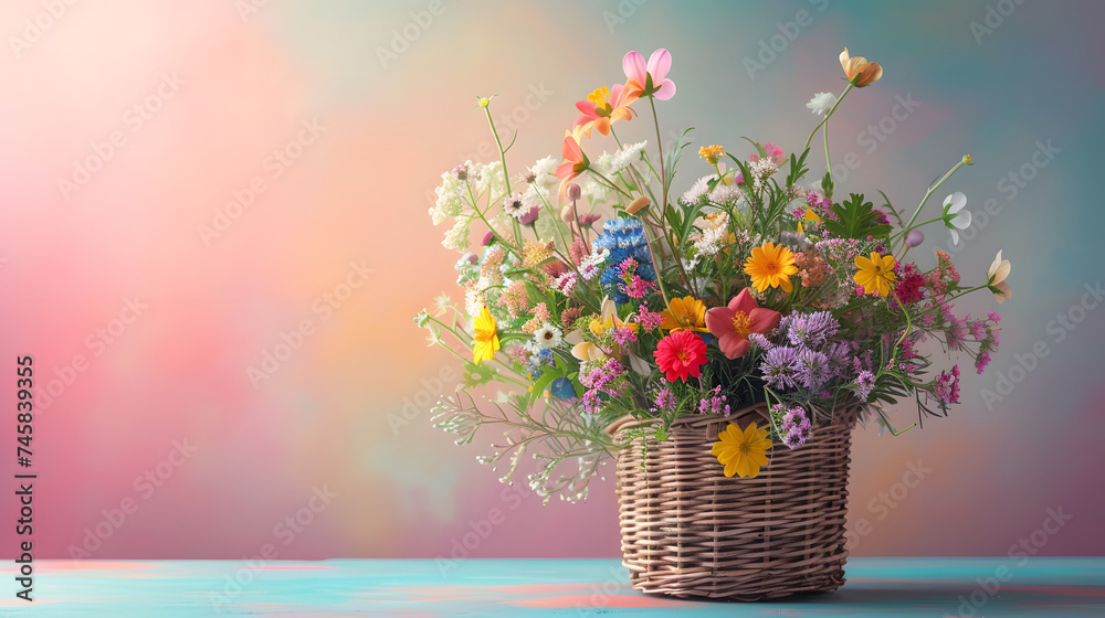 Vibrant spring flowers in a wicker basket with a blurred background. Springtime and nature concept. Design for greeting card, invitation, poster, Cheerful Easter basket brimming