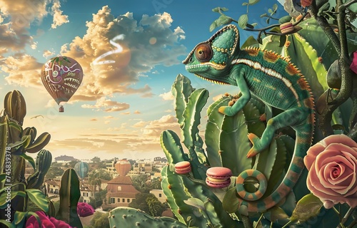 A chameleon observing a hot air balloon from a cactus with graffiti on a rainforest treehouse and macarons on cobblestones photo