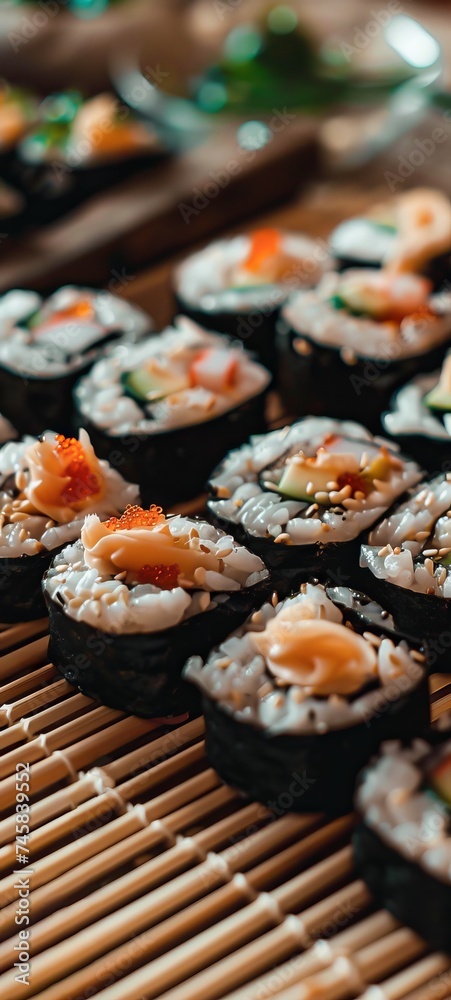 A close up of expertly crafted sushi pieces with a focus on texture and color set on a traditional bamboo mat A close up of expertly crafted sushi pieces with a focus on texture and color set on a traditional bamboo mat