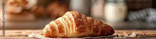 A close up of a freshly baked croissant with flaky layers and golden texture set on a rustic wooden table with morning light
