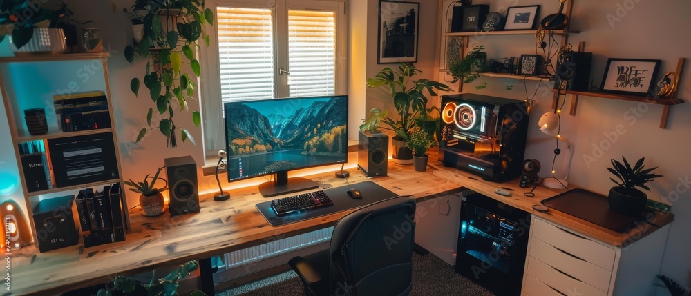 A cozy home office with a computer and desk A cozy home office with a computer and desk