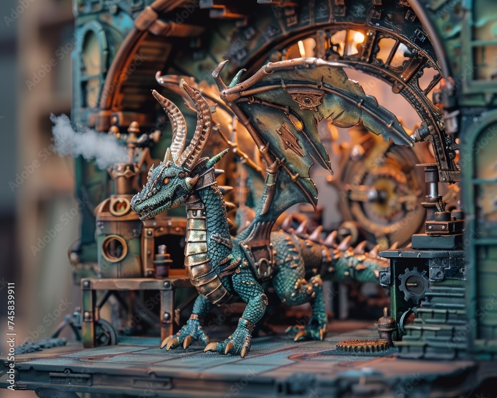 A dragon automaton guarding a gnome technicians workshop enchanted gears and steam