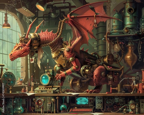 A dragon automaton guarding a gnome technicians workshop enchanted gears and steam photo