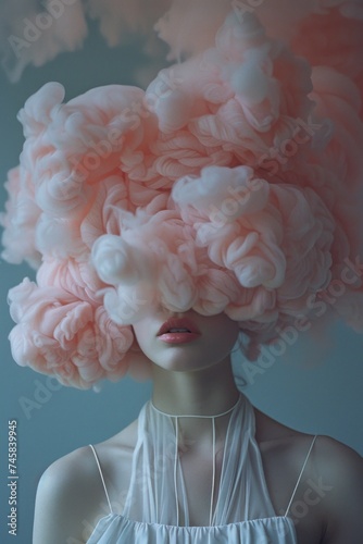 Surreal depiction of female subject with a whimsical smoke cloud instead of a head, manifesting the concept of dreamy oblivion