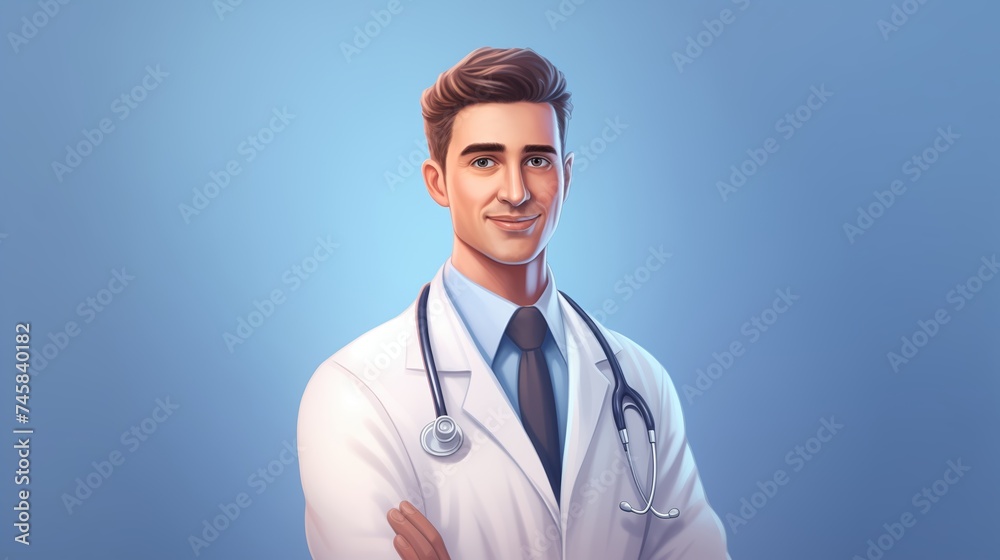 realistic portrait of a doctor in a white coat smiling slightly on a blue background realistic portrait of a doctor in a white coat smiling slightly on a blue background