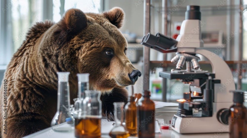A grizzly bear in a lab coat intently examining a microscope in a high tech laboratory setting - obrazy, fototapety, plakaty 