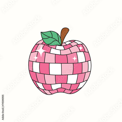 Hand drawn cute disco ball apple vector, disco ball school, pink apple mirrorball vector