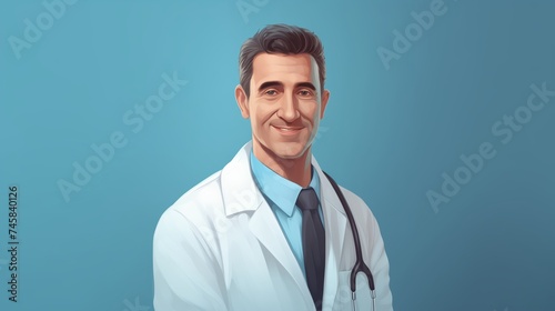 realistic portrait of a doctor in a white coat smiling slightly on a blue background 