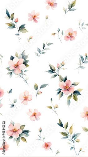 watercolor-illustration-of-a-minimalist-floral-pattern-lovely-blossoms-and-leaves-arranged-in-a-sim © HYOJEONG