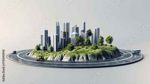 A 3D-rendered advertisement showcasing a city road in isolation, set against a backdrop of a city skyline and a separate piece of land