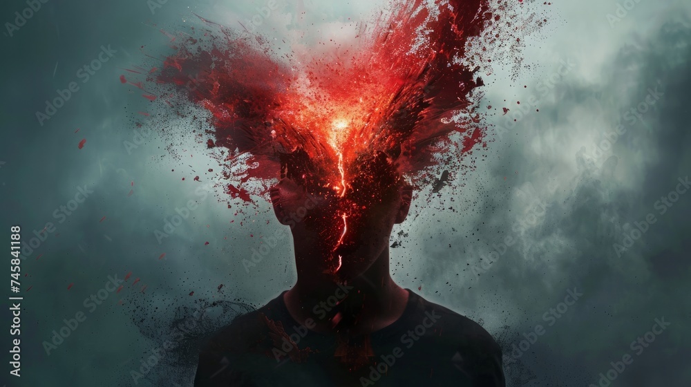 A depiction of a man's head exploding, featuring a central area filled with red hues and surrounded by white on the periphery - obrazy, fototapety, plakaty 