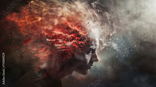 A depiction of a man's head exploding, featuring a central area filled with red hues and surrounded by white on the periphery