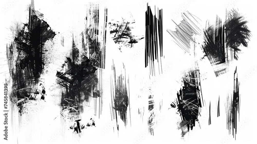 A diverse array of charcoal strokes overlaying a white background
