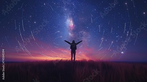 Celestial Connection. Under a starry night sky, the silhouette of a person reaches upward with outstretched arms, as swirling energy fields spiral around them like celestial phenomena