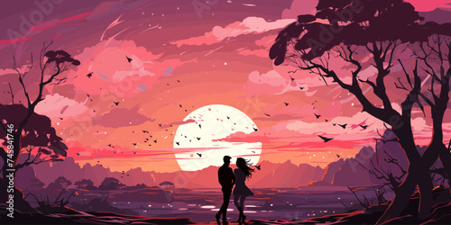Couple sweet playing romantic scenery pastel vector illustration in concepts cute kawaii anime manga style