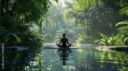 A person meditating in a peaceful natural setting  surrounded by lush greenery and a serene pond  representing mental clarity and peace.