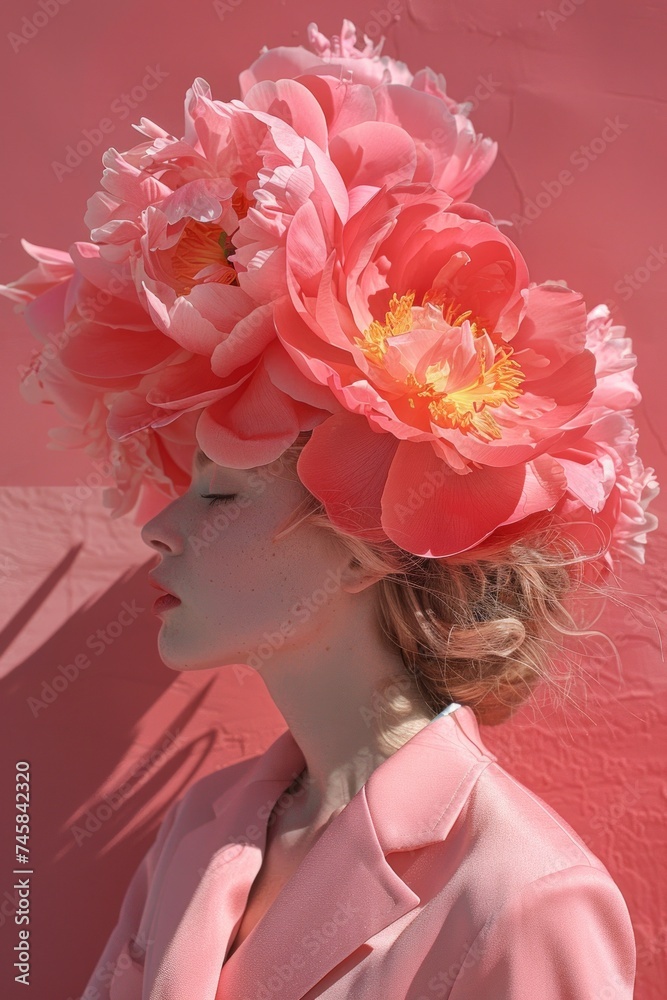 An unidentifiable woman adorned with a headpiece made from vibrant pink peonies against a matching pink background