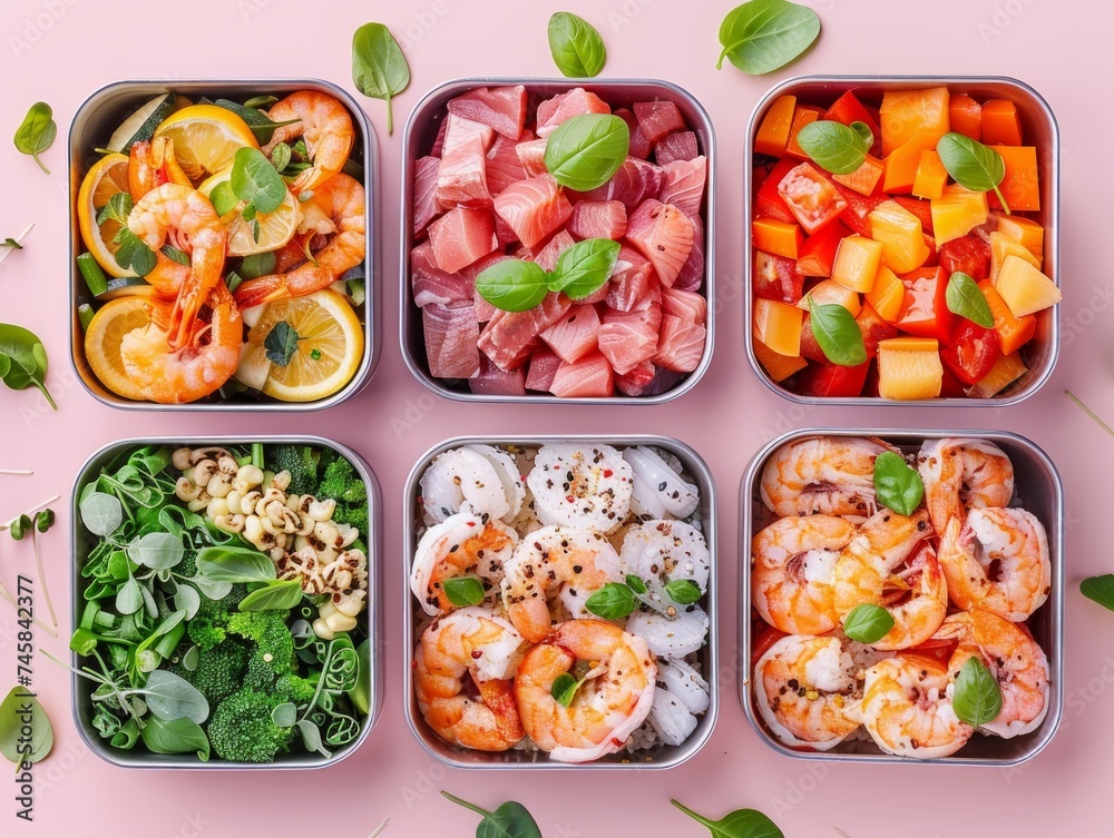 An aerial perspective showcasing a vibrant variety of poke bowls with fresh ingredients, colorful and inviting An aerial perspective showcasing a vibrant variety of poke bowls with fresh ingredients, colorful and inviting