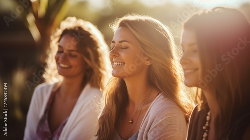 Female energy - young women meditating together outside in sunny  spring weather  with sunset 