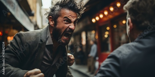 A man in a street fight receives a punch to the face. Concept Violent confrontation, Physical altercation, Aggressive behavior, Self-defense, Street altercation photo