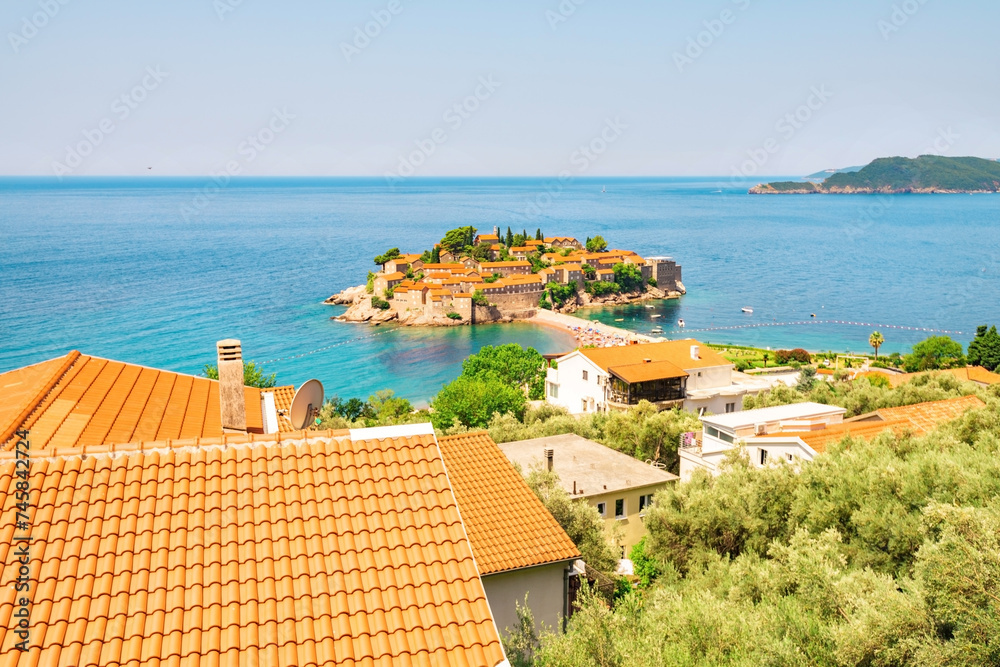 View of the beautiful island of Sveti Stefan in the city of Budva, Montenegro.