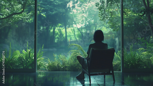 A person sitting in a chair, looking out a window at a peaceful garden, symbolizing reflection and introspection in mental health.