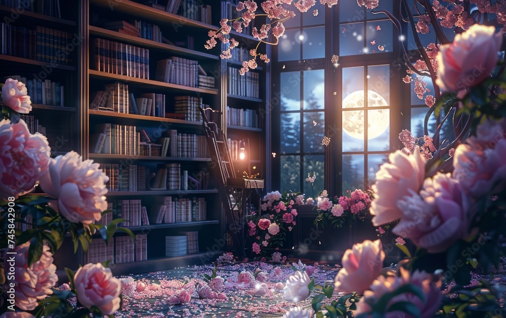 A serene library with moonlight streaming through windows surrounded by blooming peonies jazz music in the background - obrazy, fototapety, plakaty 