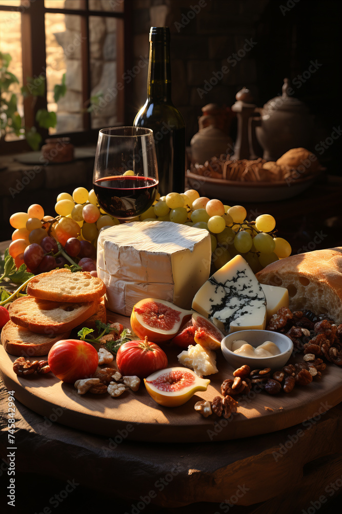 Wine and Cheese Pairing: Elegant scene with wine and cheese served with fruits and nuts.