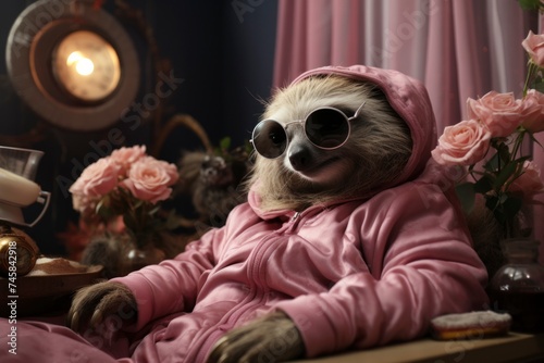 A sloth exudes a vintage charm, reclining in a rose-filled boudoir, donning pink attire and round sunglasses, a picture of old-school cool.